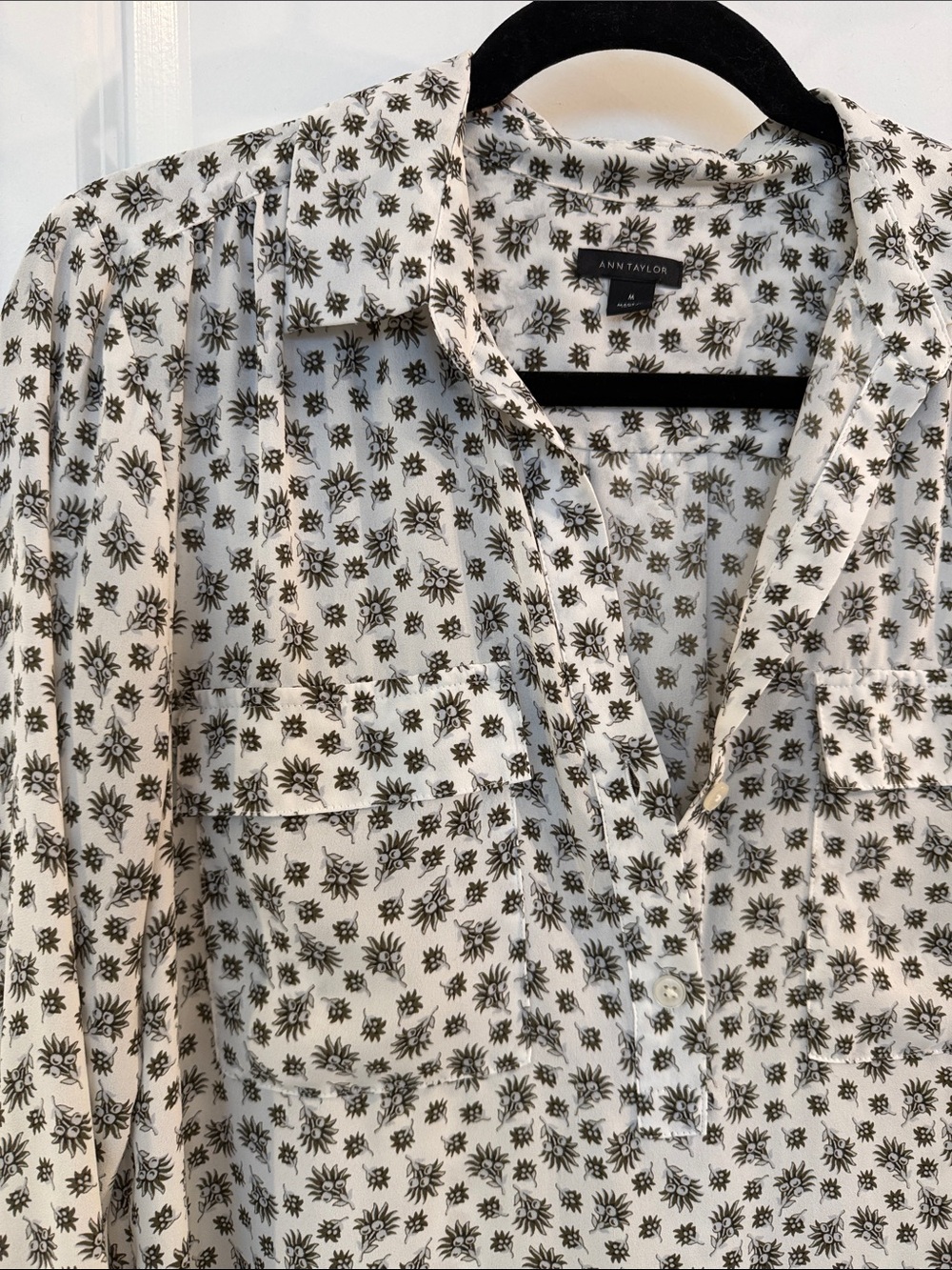Ann Taylor White Blouse with Black Floral Print